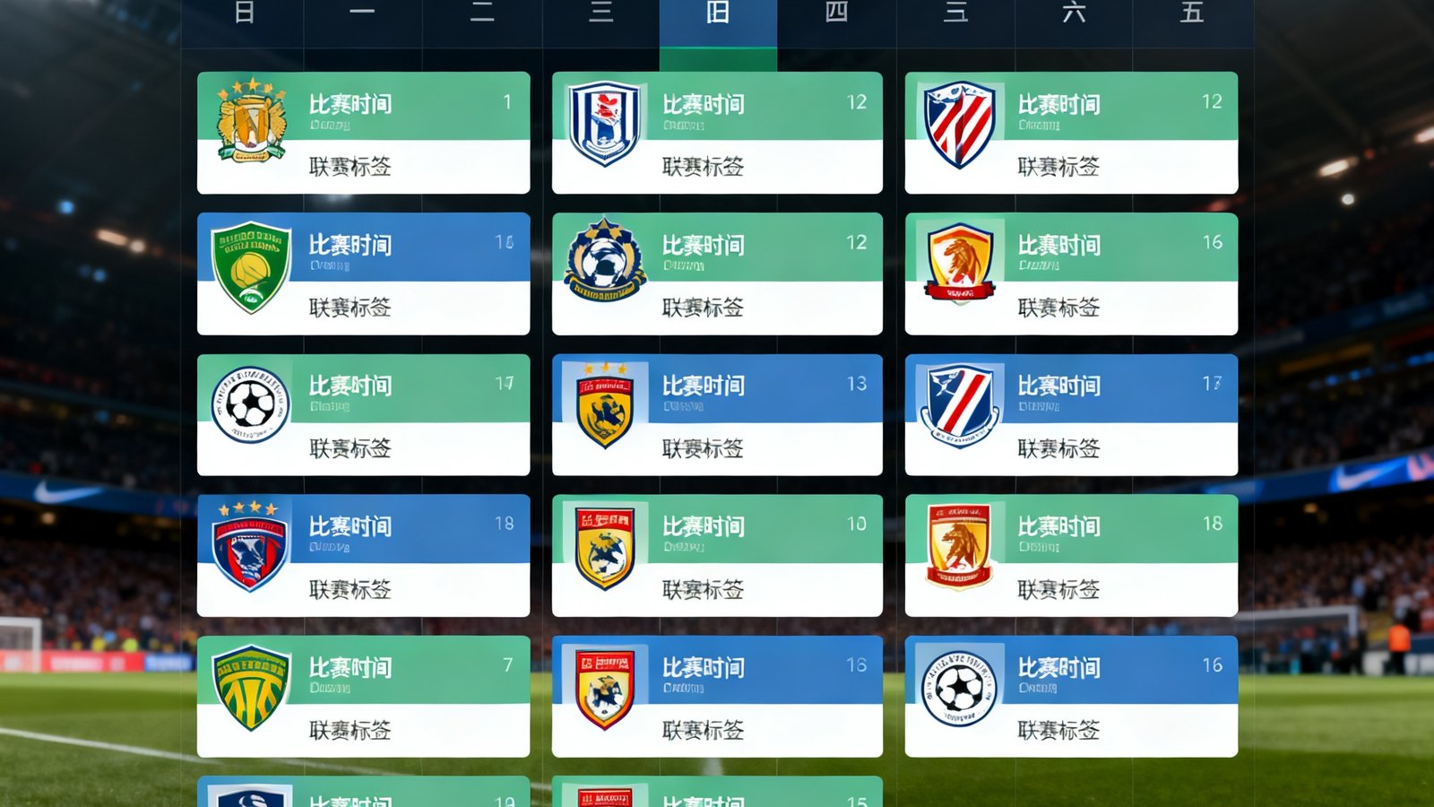 赛程日历网页界面截图，以月视图展示7月赛事安排，每张赛事卡片包含两队队徽、比赛时间和联赛标签，顶部有联赛筛选下拉菜单